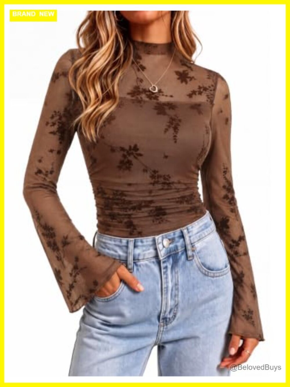 Sheer Floral Mesh Top Mock Neck Bell Sleeve Ruched Blouse